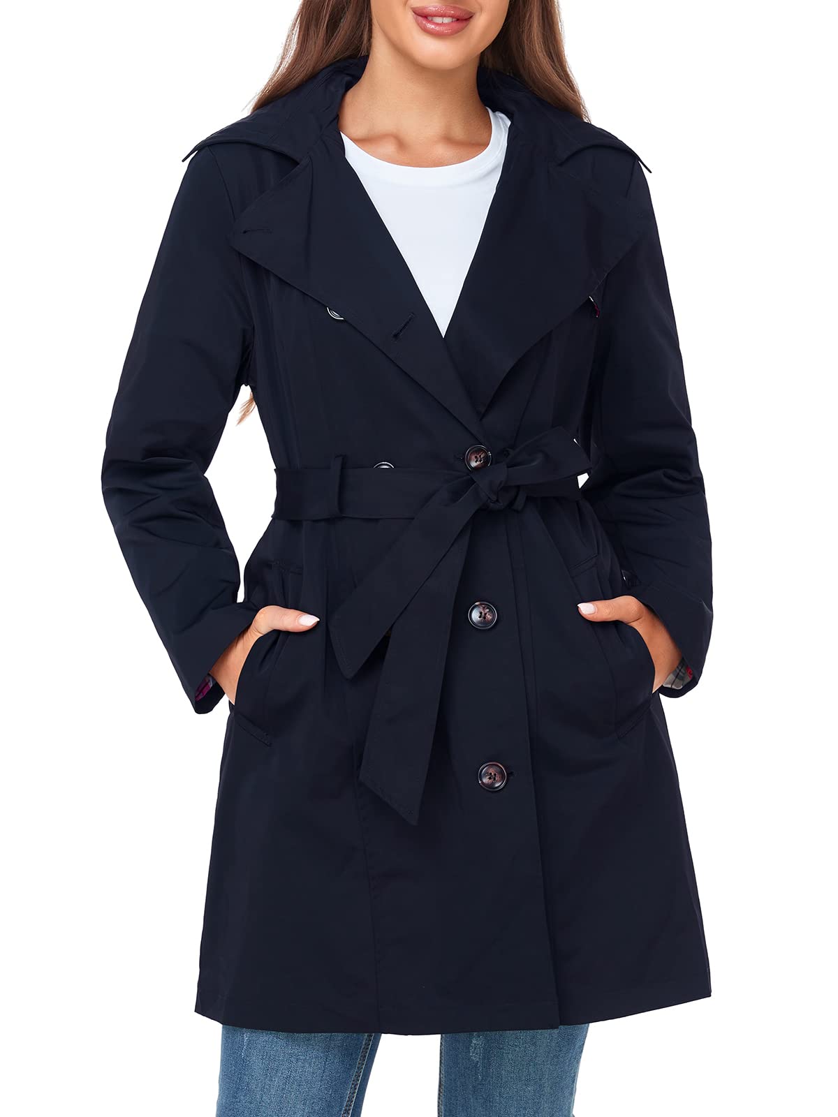 Water-Resistant Trench Coat for Women with Removable Hood
